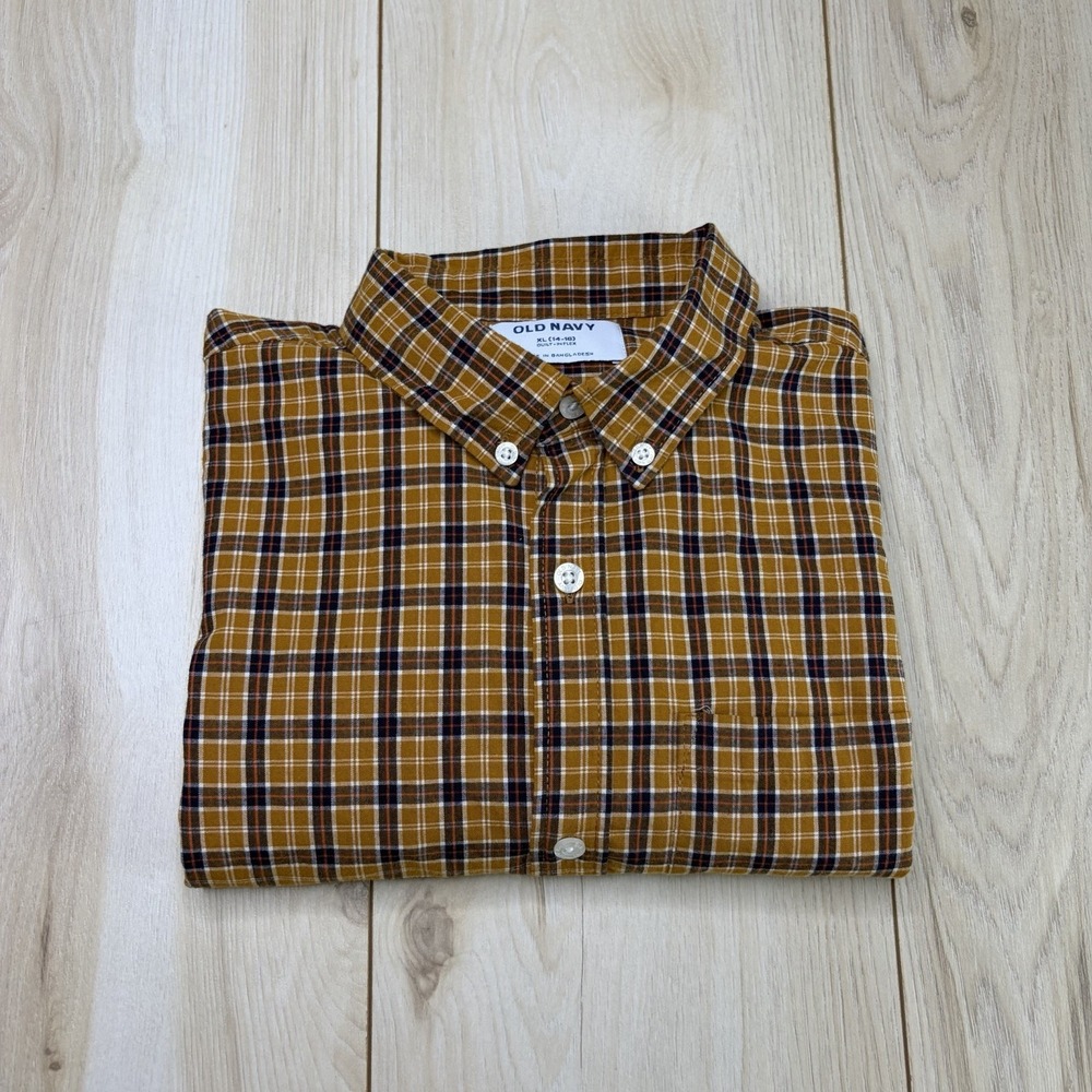Old Navy Yellow Plaid Long Sleeve Button Down Shirt Boys Size XL(14-16) Casual